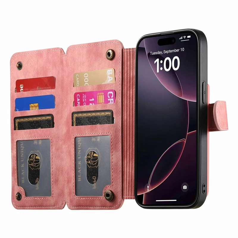 For iPhone 15 Case Zipper Wallet Kickstand Ring Holder Leather + TPU Phone Cover - Pink