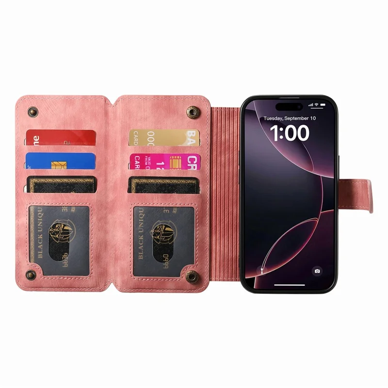 For iPhone 15 Case Zipper Wallet Kickstand Ring Holder Leather + TPU Phone Cover - Pink