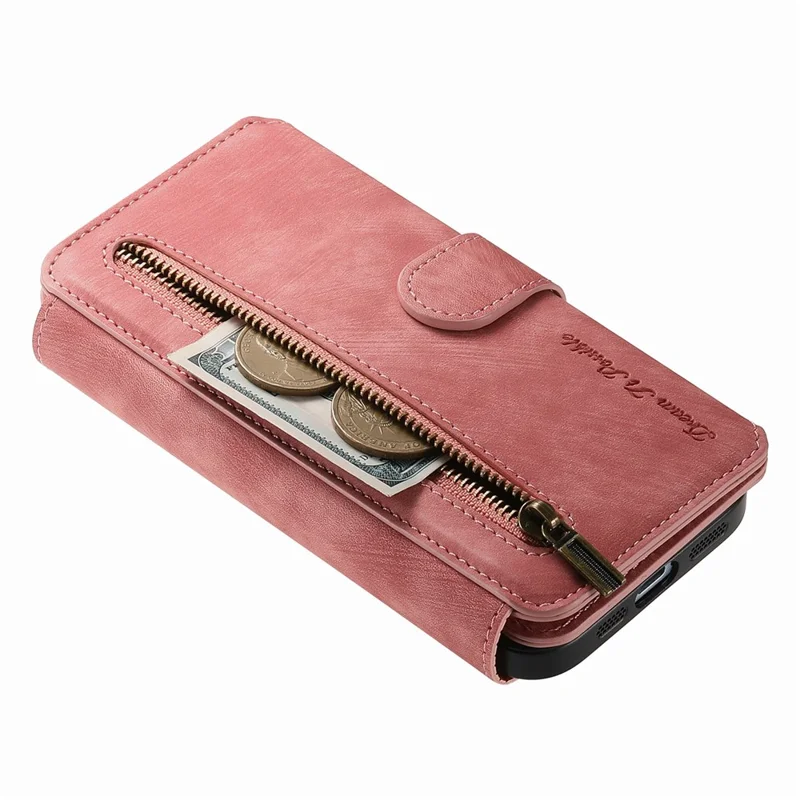 For iPhone 15 Case Zipper Wallet Kickstand Ring Holder Leather + TPU Phone Cover - Pink