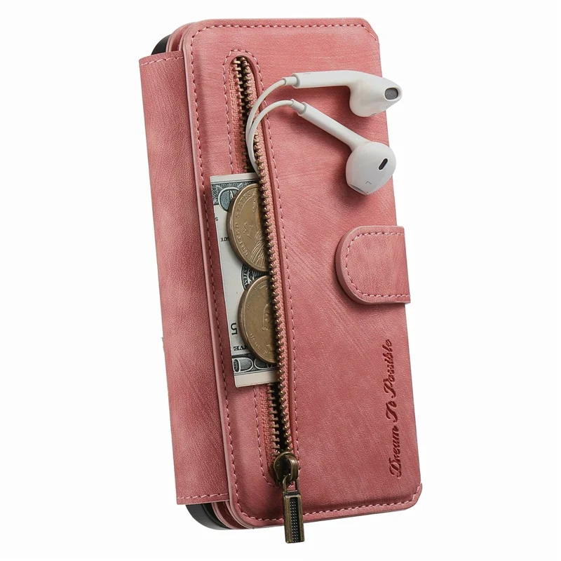 For iPhone 15 Case Zipper Wallet Kickstand Ring Holder Leather + TPU Phone Cover - Pink