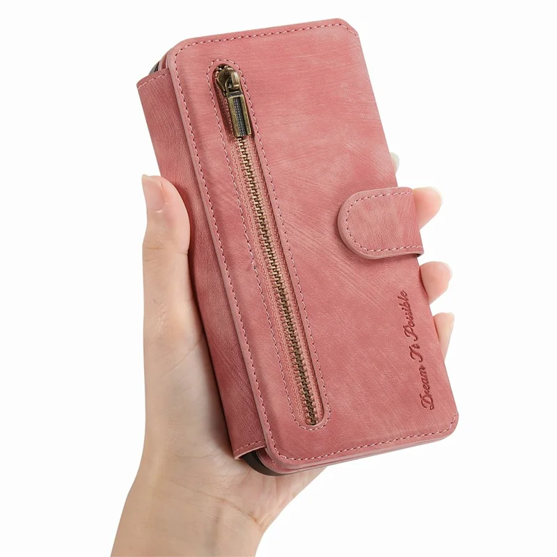 For iPhone 15 Case Zipper Wallet Kickstand Ring Holder Leather + TPU Phone Cover - Pink