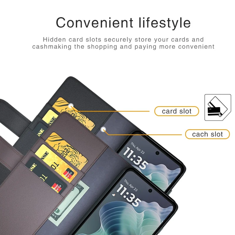 Pour Étui Motorola Moto G35 5G, Véritable Housse de Téléphone en Cuir Fendu Portefeuille avec Fente pour Carte - Marron