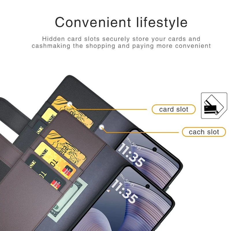 Para Capa de Telefone Motorola Moto G55 5G Genuína Couro Dividido Carteira Com Entrada para Cartões - Marrom