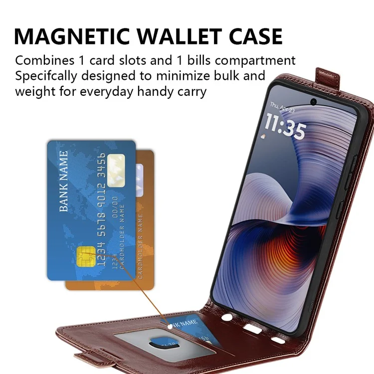 For Motorola Moto G55 5G Case with Card Slots Vertical Flip Leather Phone Cover - Brown