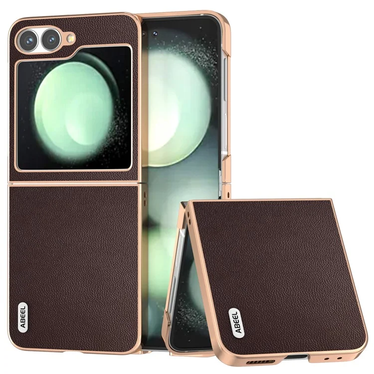 ABEEL pour Samsung Galaxy Z Flip6 5G Coque Placage Électrolytique Véritable Cuir de Vache PC Housse de Téléphone - Café