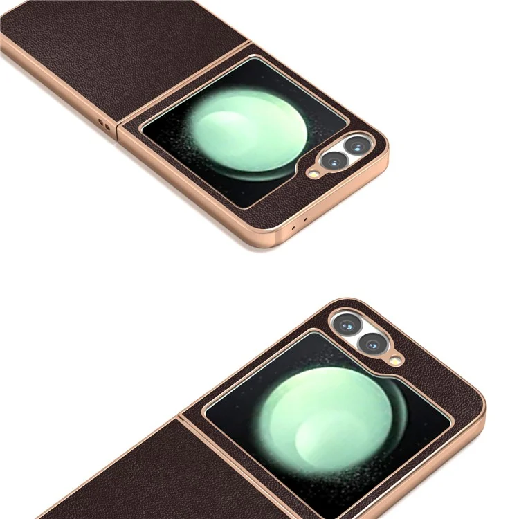 ABEEL pour Samsung Galaxy Z Flip6 5G Coque Placage Électrolytique Véritable Cuir de Vache PC Housse de Téléphone - Café