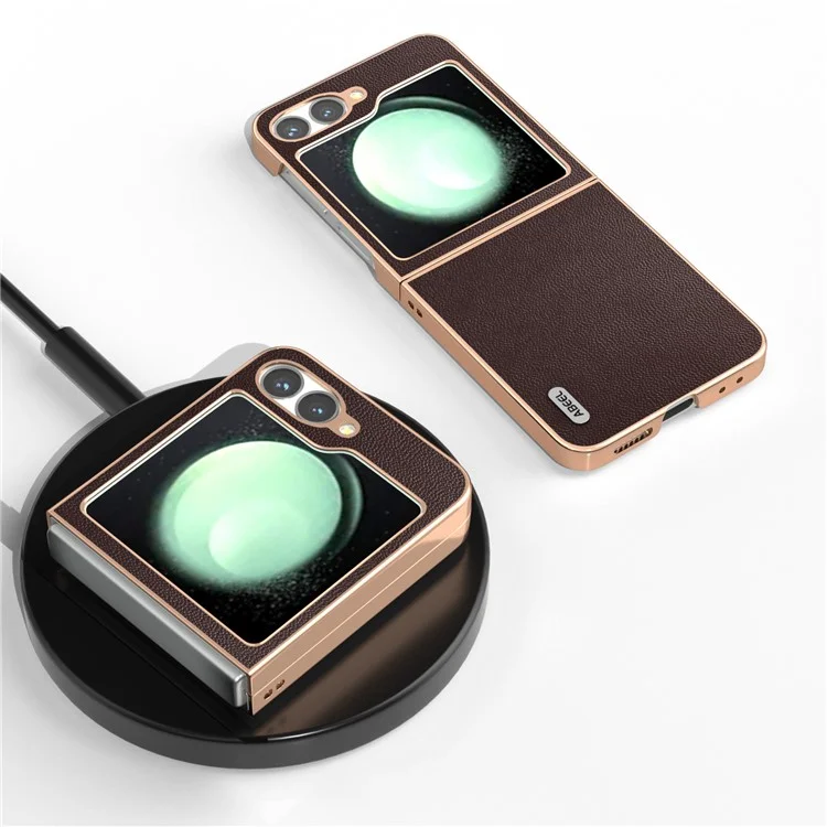 ABEEL pour Samsung Galaxy Z Flip6 5G Coque Placage Électrolytique Véritable Cuir de Vache PC Housse de Téléphone - Café