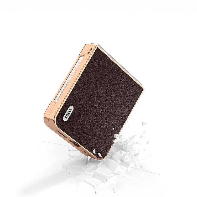 ABEEL pour Samsung Galaxy Z Flip6 5G Coque Placage Électrolytique Véritable Cuir de Vache PC Housse de Téléphone - Café