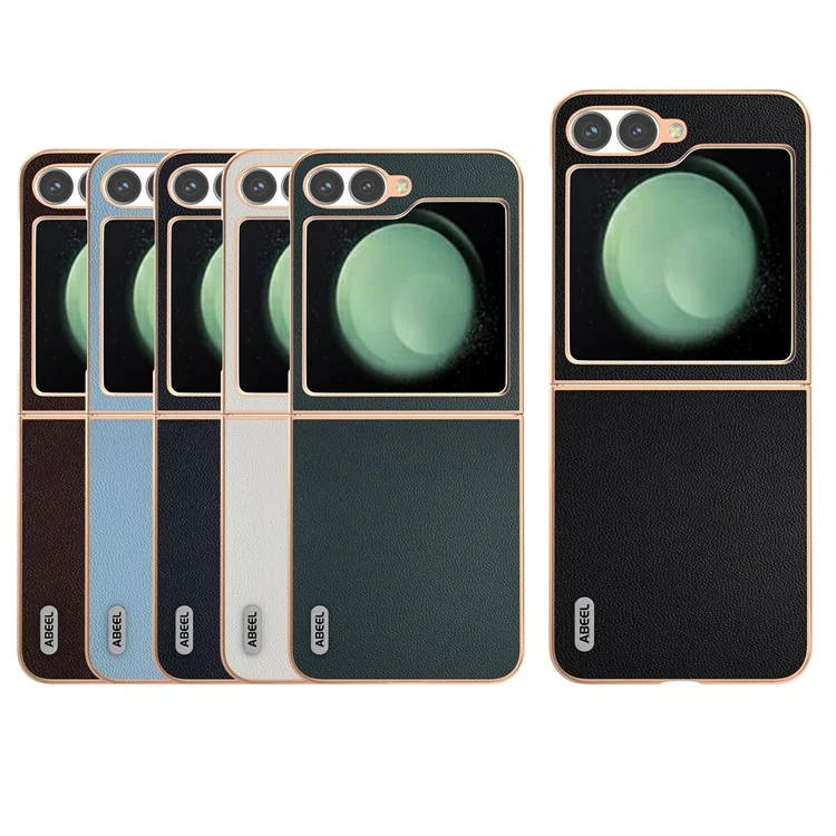 ABEEL pour Samsung Galaxy Z Flip6 5G Coque Placage Électrolytique Véritable Cuir de Vache PC Housse de Téléphone - Café