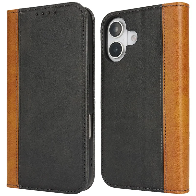 For iPhone 16 Plus Case Calf Texture 3 Card Slots Color Splicing Leather Phone Cover - Black+Yellow