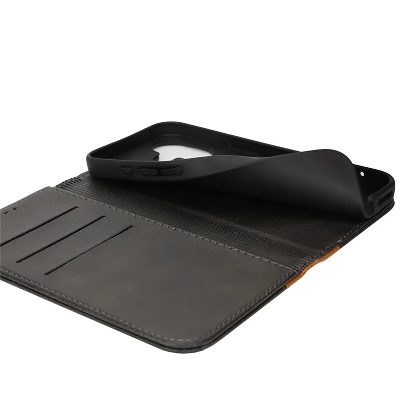 For iPhone 16 Plus Case Calf Texture 3 Card Slots Color Splicing Leather Phone Cover - Black+Yellow