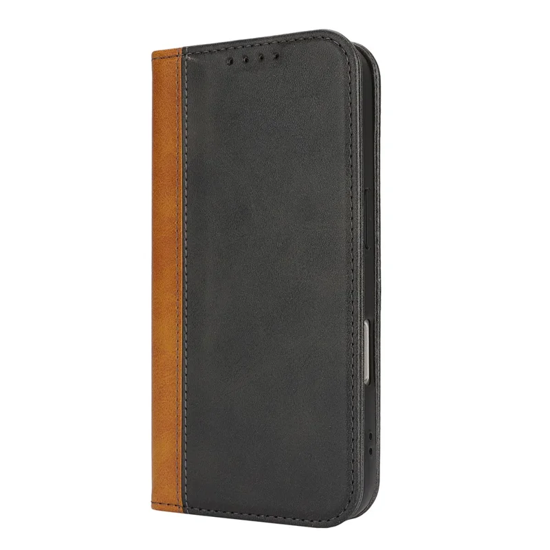 For iPhone 16 Plus Case Calf Texture 3 Card Slots Color Splicing Leather Phone Cover - Black+Yellow