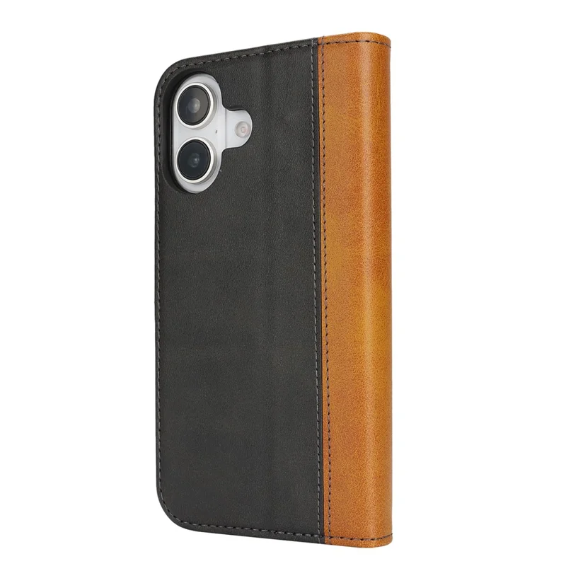 For iPhone 16 Plus Case Calf Texture 3 Card Slots Color Splicing Leather Phone Cover - Black+Yellow