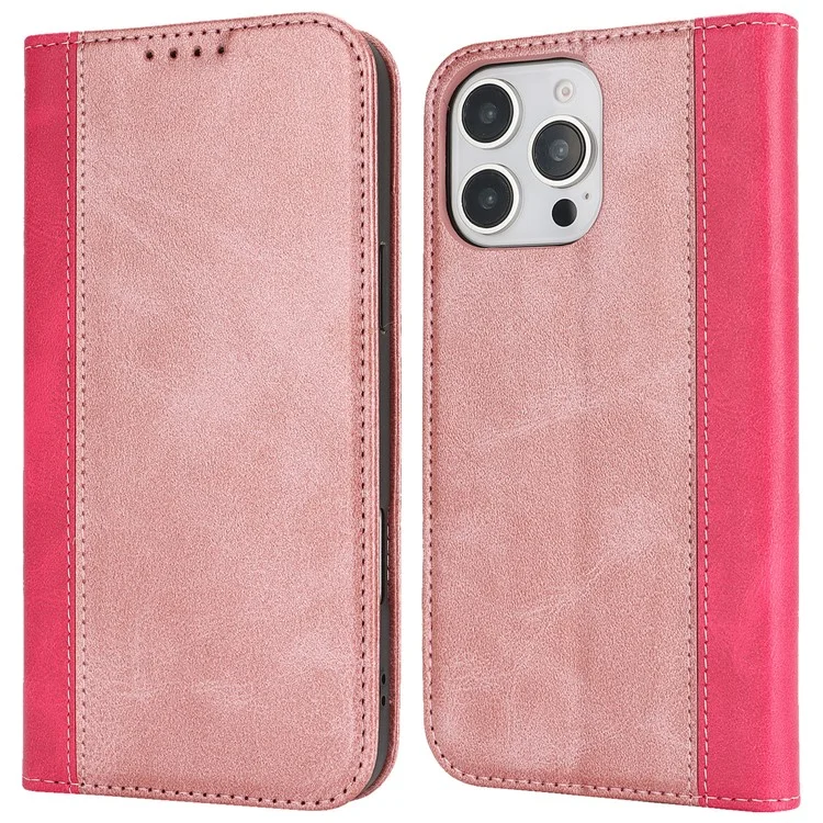 Funda para iPhone 16 Pro Max con textura de piel de ternera, 3 ranuras para tarjetas, diseño bicolor de cuero - Oro rosa+Rosa