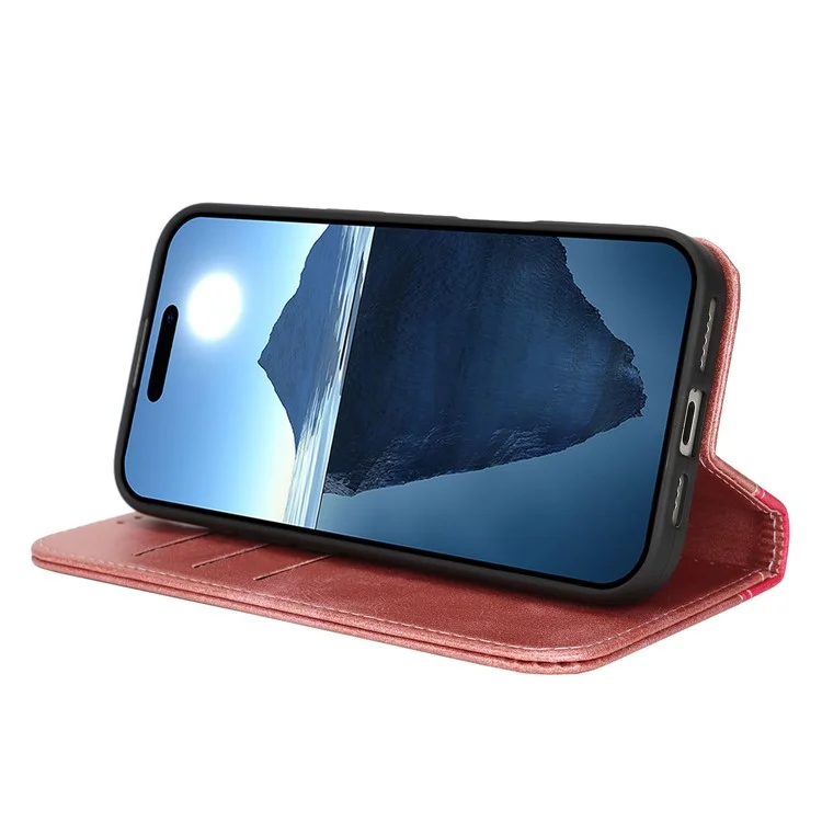 Funda para iPhone 16 Pro Max con textura de piel de ternera, 3 ranuras para tarjetas, diseño bicolor de cuero - Oro rosa+Rosa