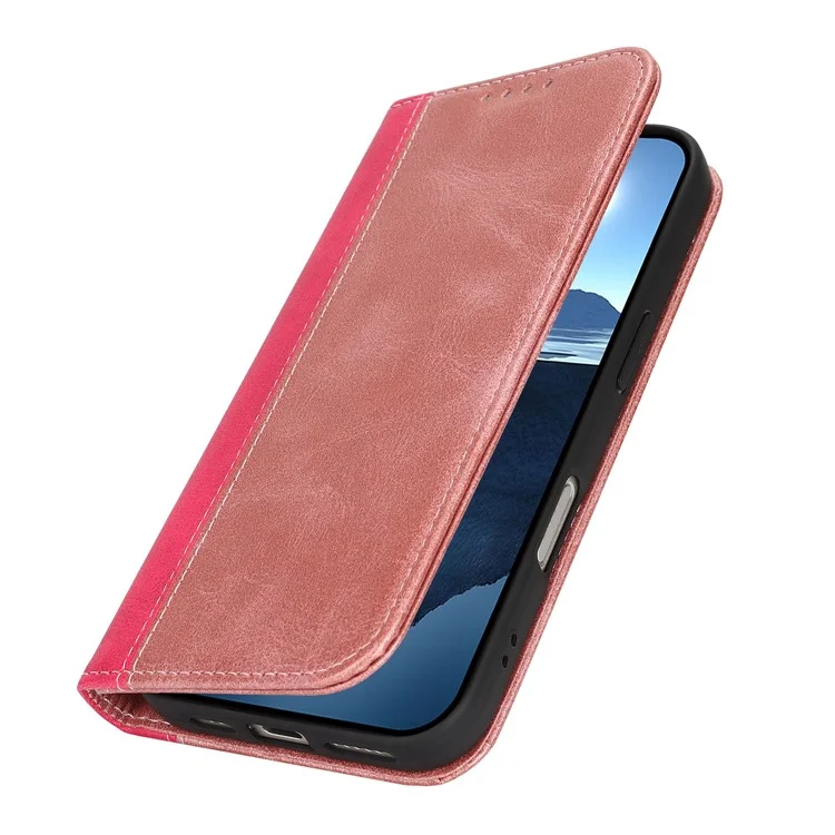 Funda para iPhone 16 Pro Max con textura de piel de ternera, 3 ranuras para tarjetas, diseño bicolor de cuero - Oro rosa+Rosa