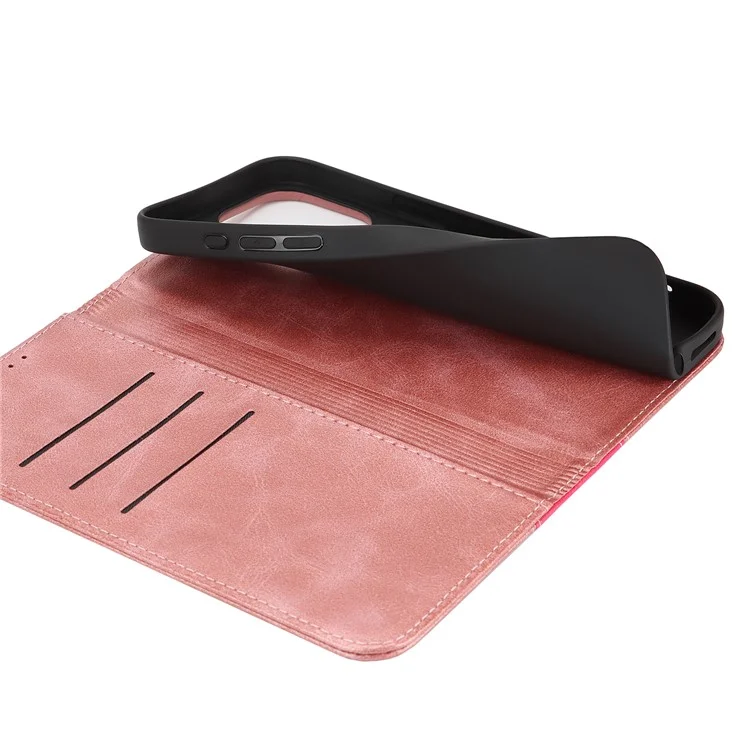 Funda para iPhone 16 Pro Max con textura de piel de ternera, 3 ranuras para tarjetas, diseño bicolor de cuero - Oro rosa+Rosa