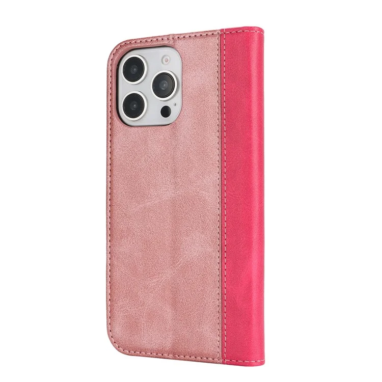 Funda para iPhone 16 Pro Max con textura de piel de ternera, 3 ranuras para tarjetas, diseño bicolor de cuero - Oro rosa+Rosa