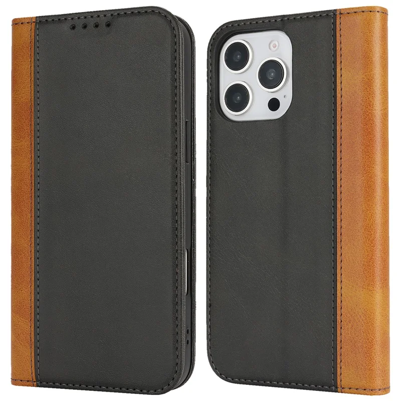 For iPhone 16 Pro Case Calf Texture 3 Card Slots Color Splicing Leather Phone Cover - Black+Yellow