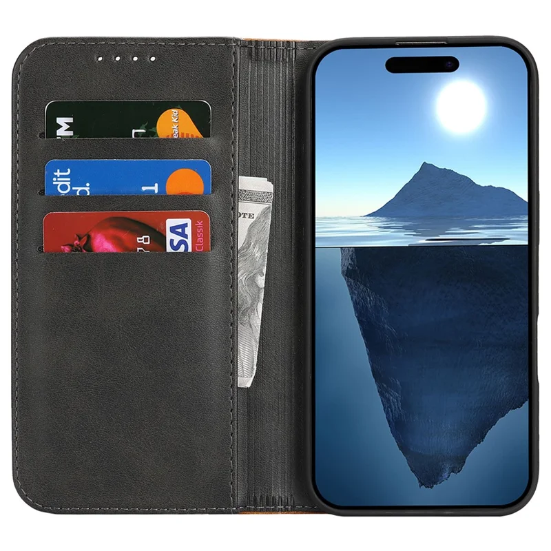 For iPhone 16 Pro Case Calf Texture 3 Card Slots Color Splicing Leather Phone Cover - Black+Yellow