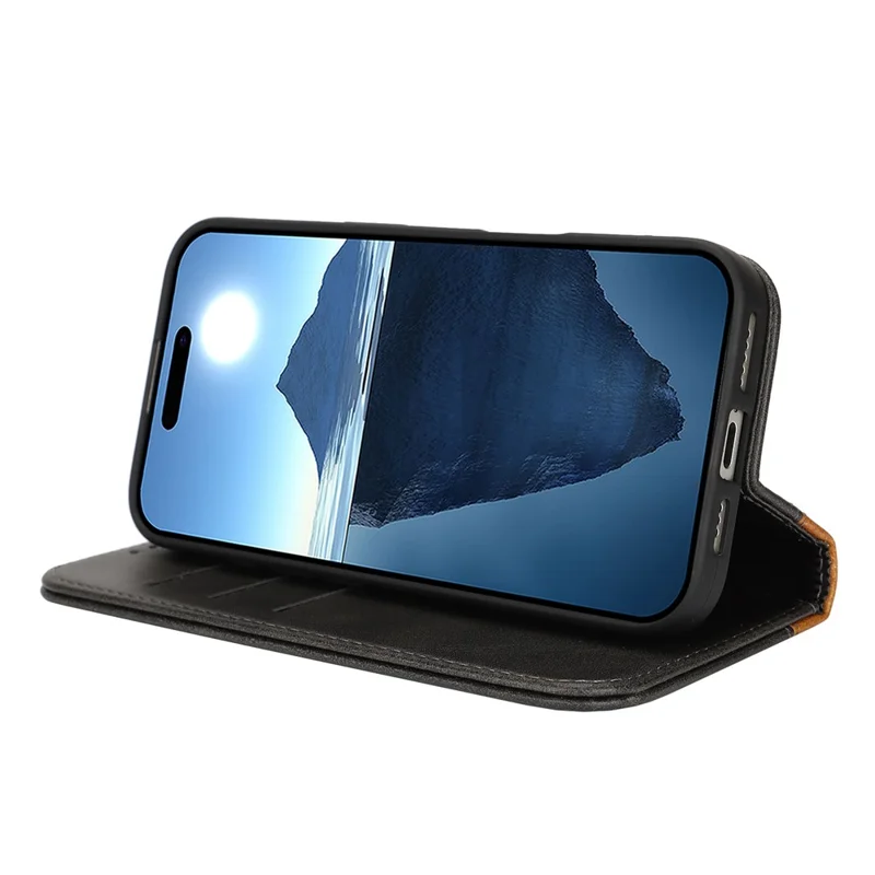 For iPhone 16 Pro Case Calf Texture 3 Card Slots Color Splicing Leather Phone Cover - Black+Yellow