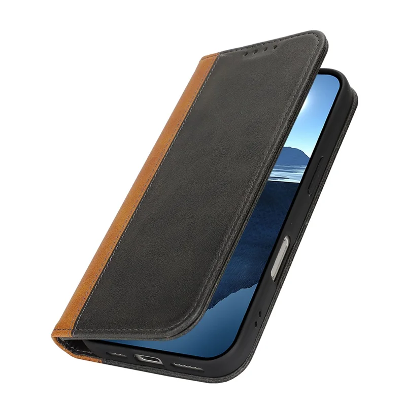 For iPhone 16 Pro Case Calf Texture 3 Card Slots Color Splicing Leather Phone Cover - Black+Yellow