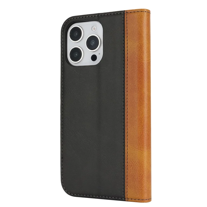 For iPhone 16 Pro Case Calf Texture 3 Card Slots Color Splicing Leather Phone Cover - Black+Yellow