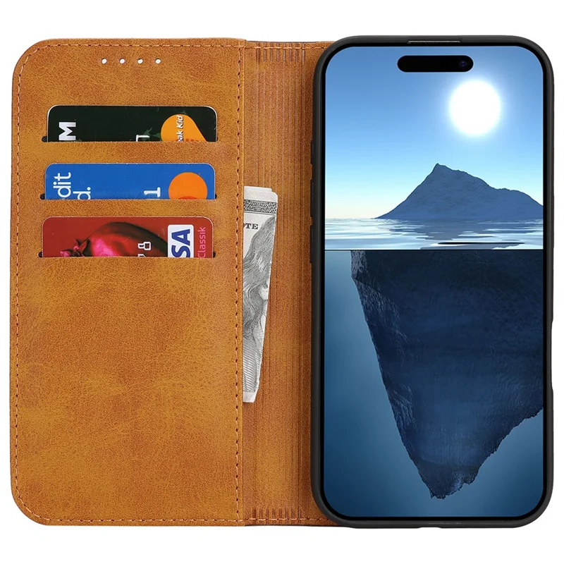 For iPhone 16 Pro Case Calf Texture 3 Card Slots Color Splicing Leather Phone Cover - Yellow+Brown