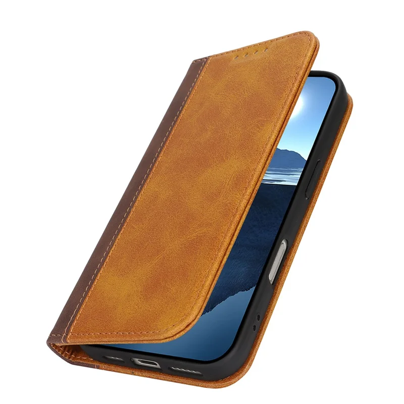 For iPhone 16 Pro Case Calf Texture 3 Card Slots Color Splicing Leather Phone Cover - Yellow+Brown