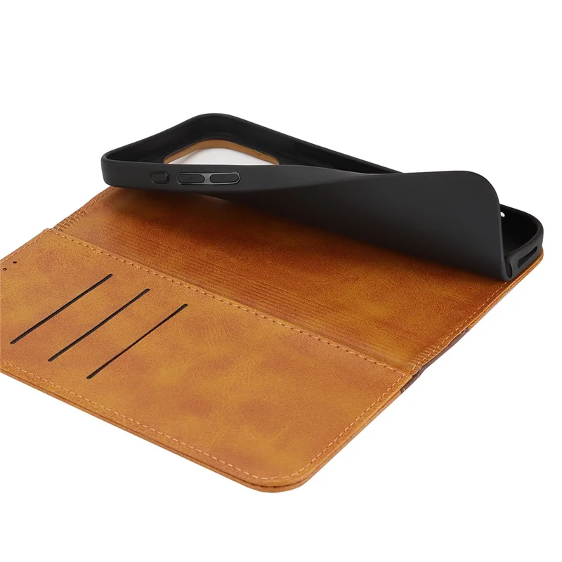 For iPhone 16 Pro Case Calf Texture 3 Card Slots Color Splicing Leather Phone Cover - Yellow+Brown