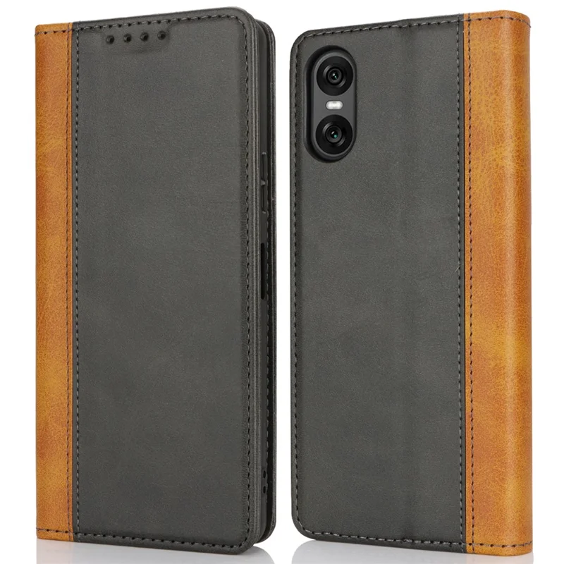 For Sony Xperia 10 VI Case Calf Texture 3 Card Slots Color Splicing Leather Phone Cover - Black+Yellow