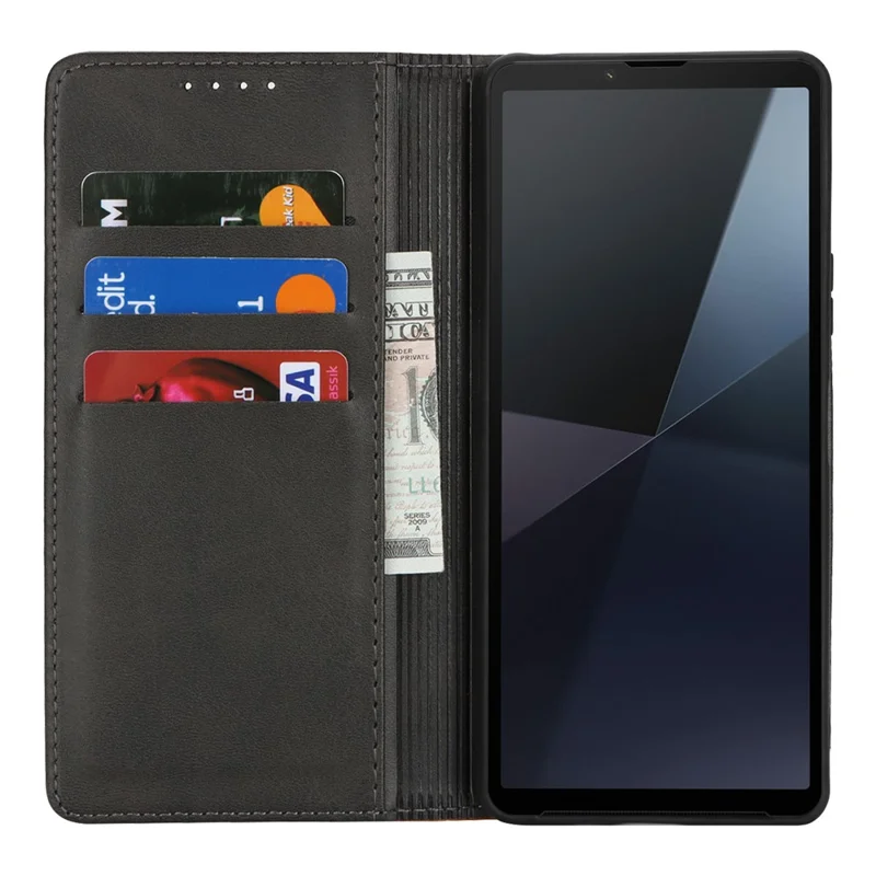 For Sony Xperia 10 VI Case Calf Texture 3 Card Slots Color Splicing Leather Phone Cover - Black+Yellow