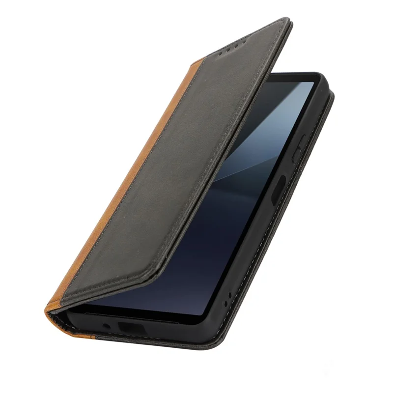 For Sony Xperia 10 VI Case Calf Texture 3 Card Slots Color Splicing Leather Phone Cover - Black+Yellow