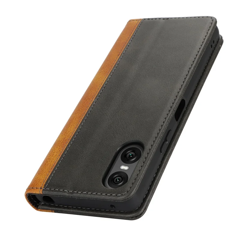 For Sony Xperia 10 VI Case Calf Texture 3 Card Slots Color Splicing Leather Phone Cover - Black+Yellow