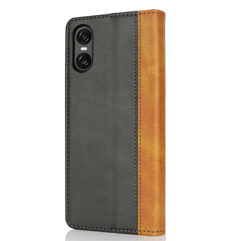 For Sony Xperia 10 VI Case Calf Texture 3 Card Slots Color Splicing Leather Phone Cover - Black+Yellow