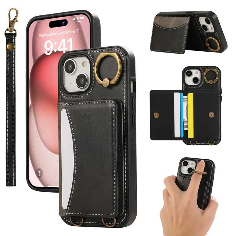 Capa traseira de couro PU para iPhone 15 com suporte para cartão, suporte de kickstand e alça de pulso - Preta