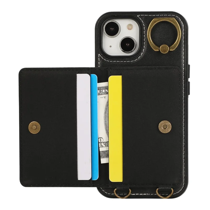 Capa traseira de couro PU para iPhone 15 com suporte para cartão, suporte de kickstand e alça de pulso - Preta