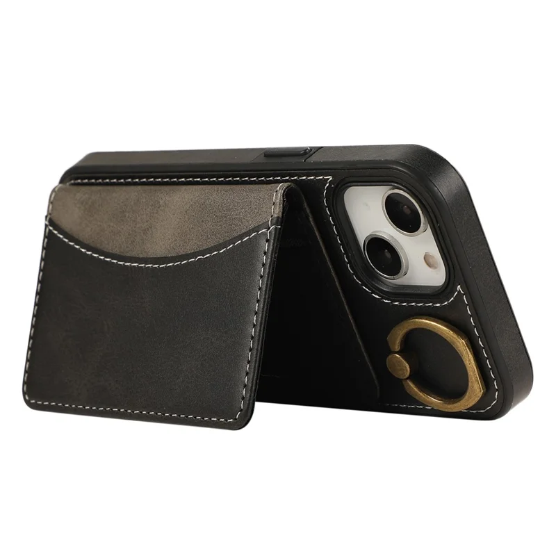 Capa traseira de couro PU para iPhone 15 com suporte para cartão, suporte de kickstand e alça de pulso - Preta