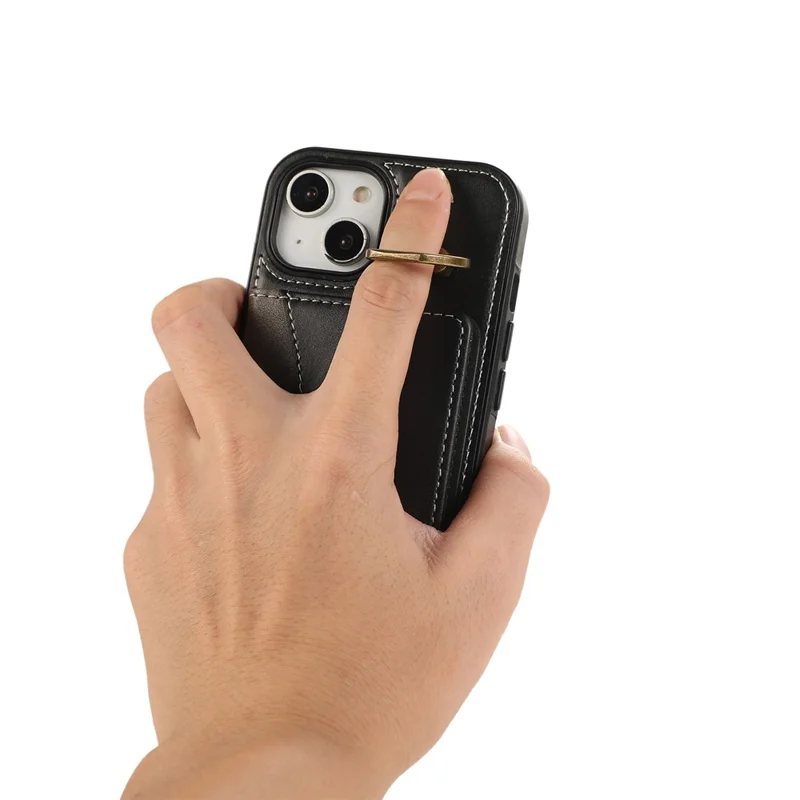 Capa traseira de couro PU para iPhone 15 com suporte para cartão, suporte de kickstand e alça de pulso - Preta