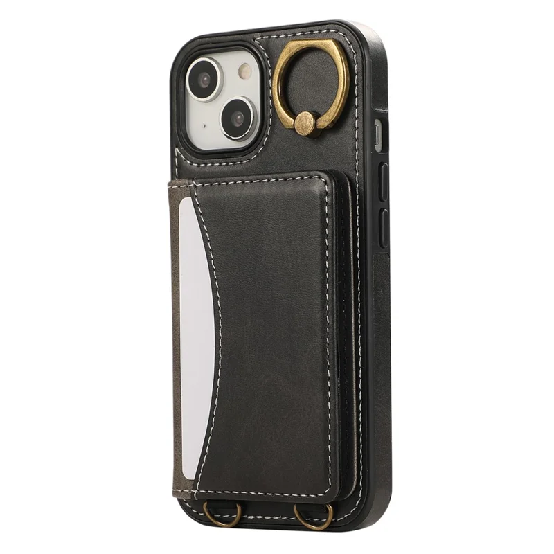 Capa traseira de couro PU para iPhone 15 com suporte para cartão, suporte de kickstand e alça de pulso - Preta