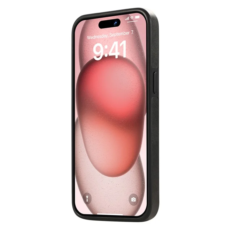 Capa traseira de couro PU para iPhone 15 com suporte para cartão, suporte de kickstand e alça de pulso - Preta