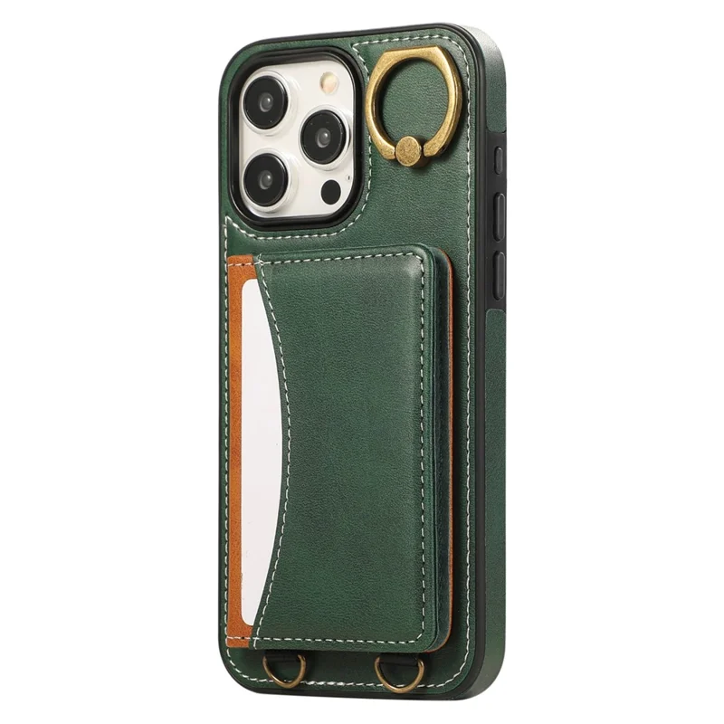 For iPhone 14 Pro Max PU Leather Back Case Card Holder Kickstand Phone Cover with Wrist Strap - Green