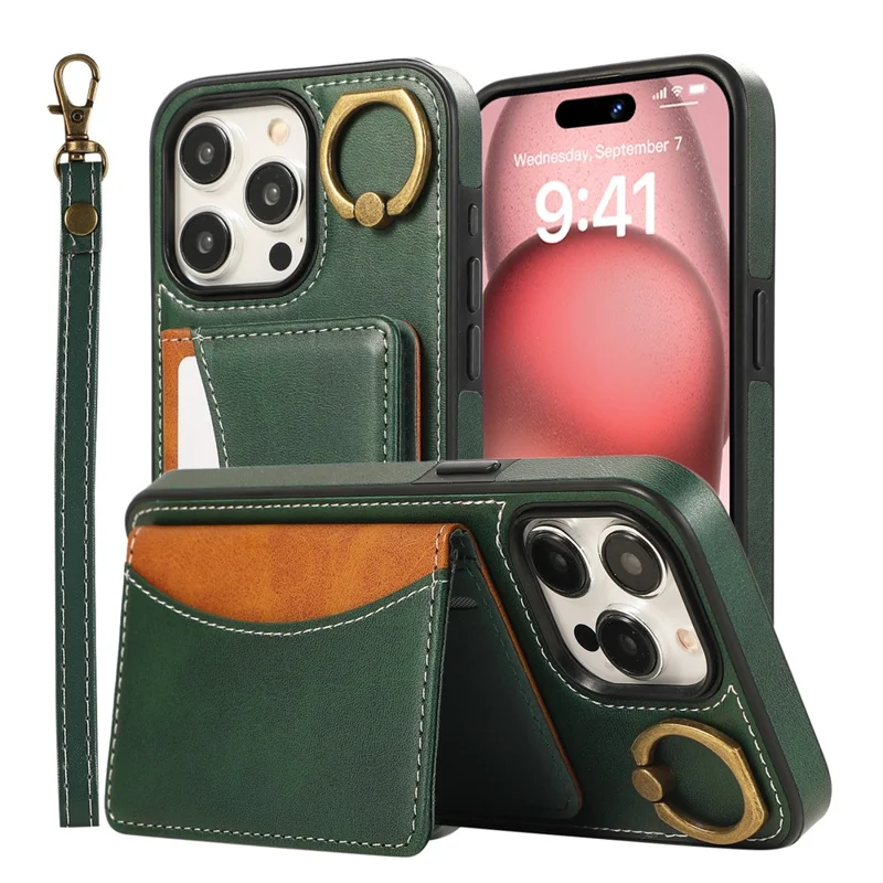 For iPhone 14 Pro Max PU Leather Back Case Card Holder Kickstand Phone Cover with Wrist Strap - Green