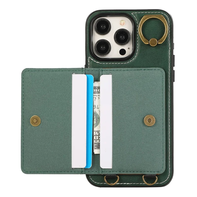 For iPhone 14 Pro Max PU Leather Back Case Card Holder Kickstand Phone Cover with Wrist Strap - Green