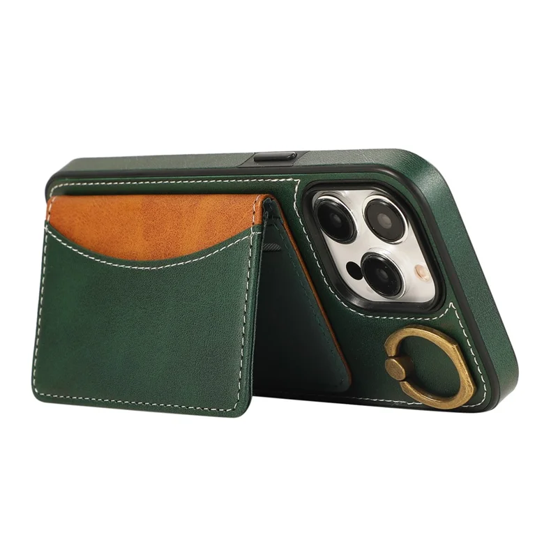 For iPhone 14 Pro Max PU Leather Back Case Card Holder Kickstand Phone Cover with Wrist Strap - Green