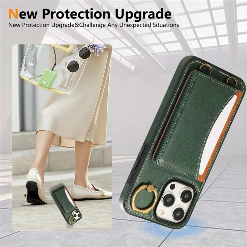 For iPhone 14 Pro Max PU Leather Back Case Card Holder Kickstand Phone Cover with Wrist Strap - Green