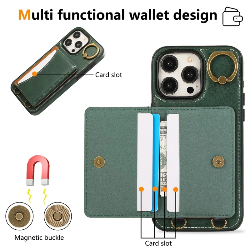 For iPhone 14 Pro Max PU Leather Back Case Card Holder Kickstand Phone Cover with Wrist Strap - Green