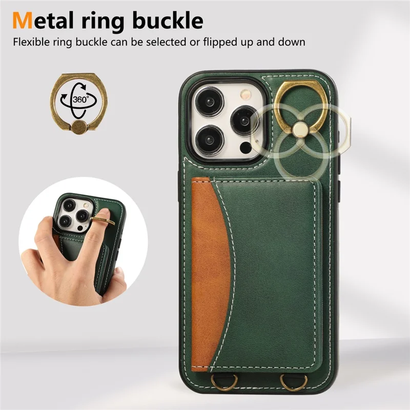 For iPhone 14 Pro Max PU Leather Back Case Card Holder Kickstand Phone Cover with Wrist Strap - Green