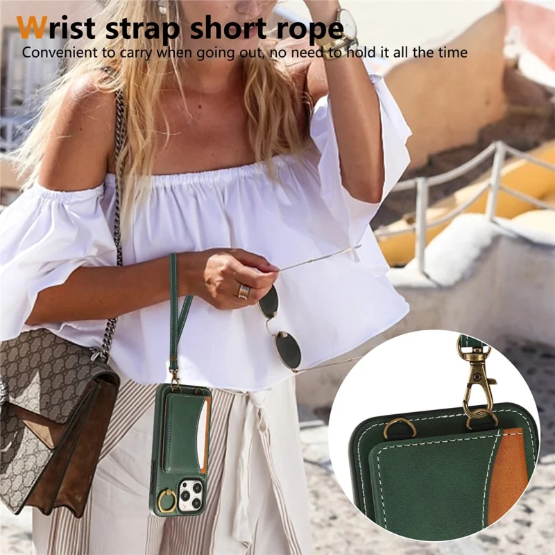 For iPhone 14 Pro Max PU Leather Back Case Card Holder Kickstand Phone Cover with Wrist Strap - Green