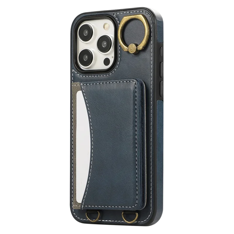 For iPhone 14 Pro PU Leather Back Case Card Holder Kickstand Phone Cover with Wrist Strap - Blue